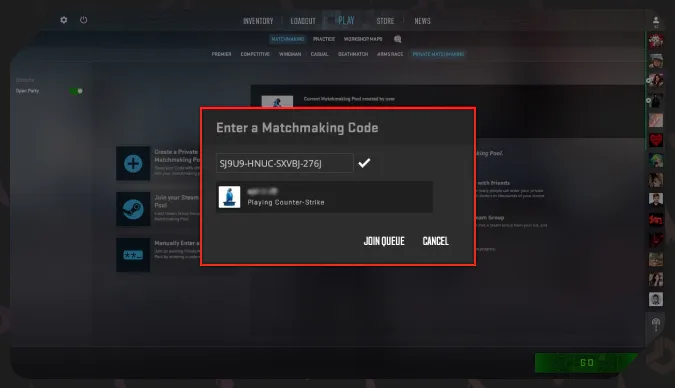 entering a matchmaking code