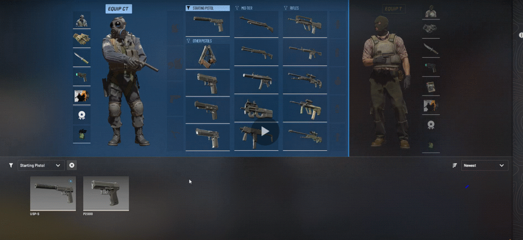 A close-up of the Loadout > Pistols tab, showing the USP-S and P2000 side-by-side