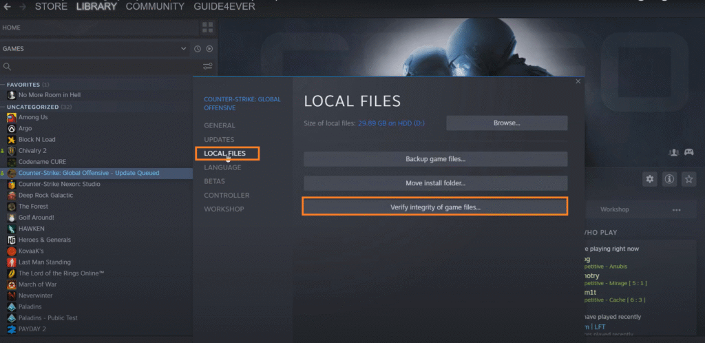 Verify integrity of game files in Steam
